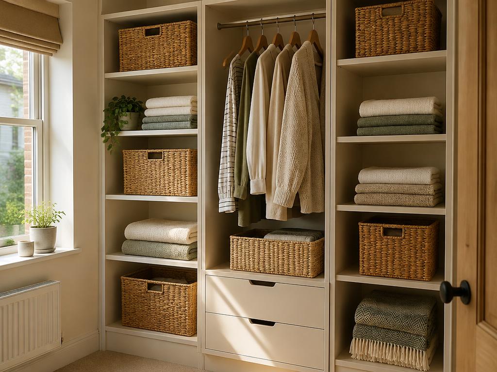 Organised shelves with woven baskets and folded linens